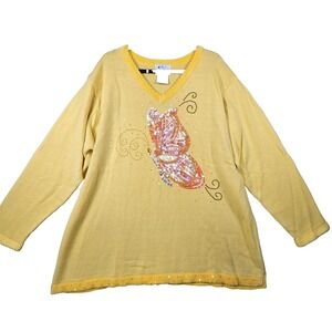 The Quacker Factory Butterfly Top Womens 2X Yellow Sequin Studded Coastal Granny